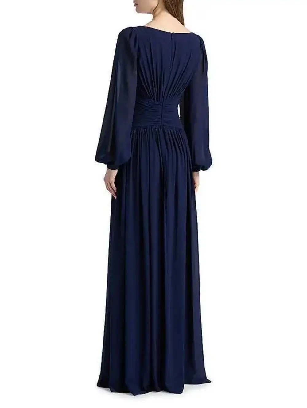 Badgley Mischka Queen Anne Pleated Georgette Gown $995 Navy sz 4 Long Sleeve